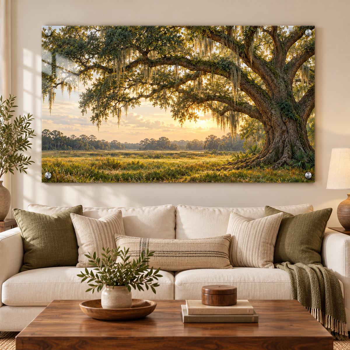 Southern Roots live oak acrylic wall art above a sofa