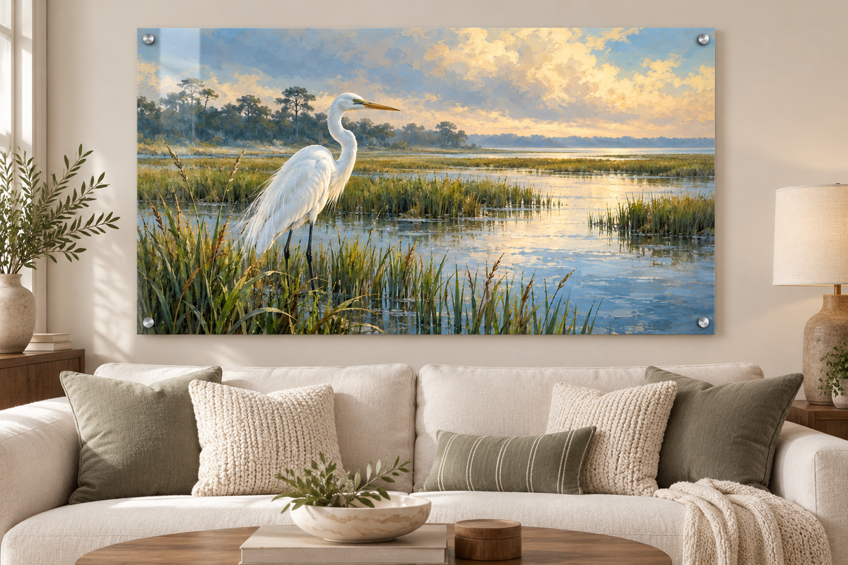 Marsh Light heron acrylic wall art in a living room