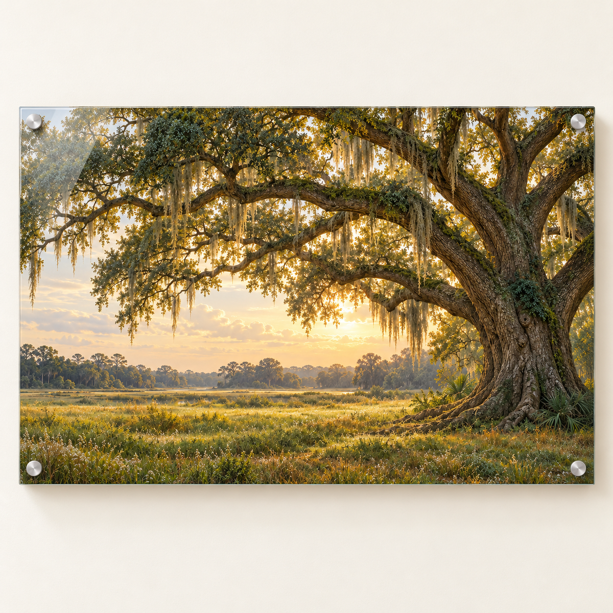Southern Roots live oak acrylic wall art, front view