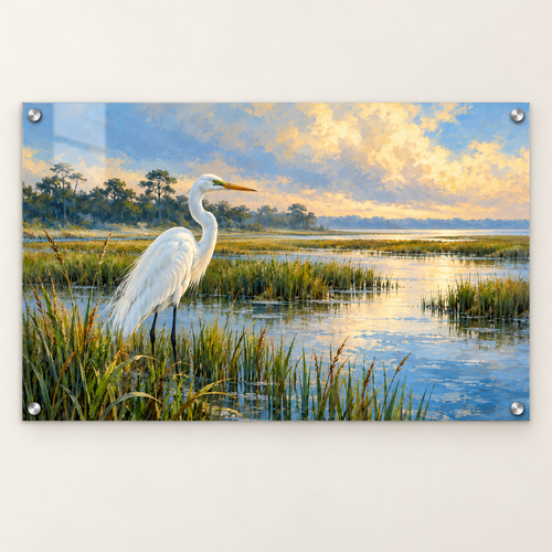 Marsh Light heron acrylic wall art, front view