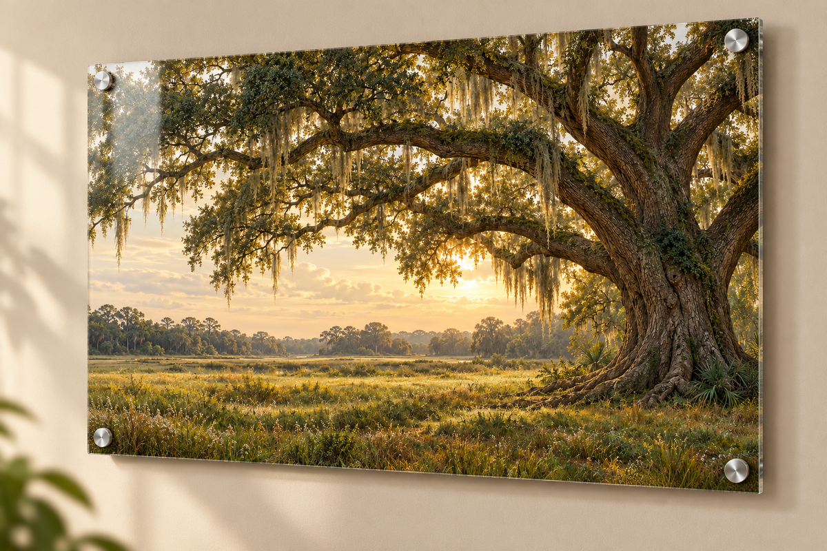 Southern Roots live oak acrylic panel shown at an angle to reveal gloss finish