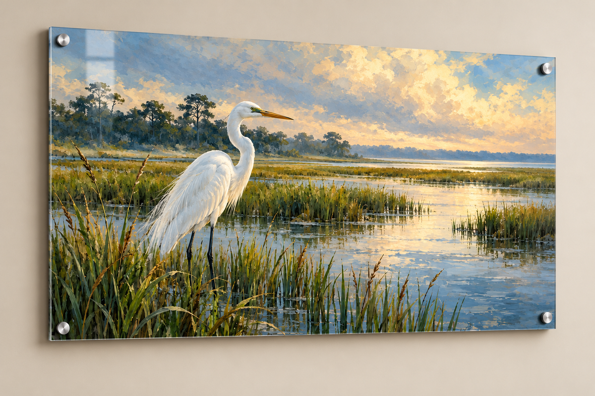 Marsh Light heron acrylic panel shown at an angle to reveal gloss finish