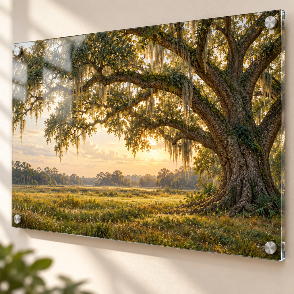 Southern Roots live oak acrylic wall art, close-up of artwork detail