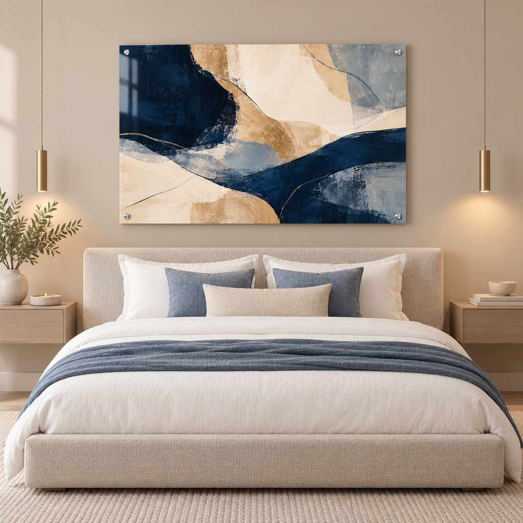 Navy & Sand abstract acrylic artwork in a minimalist bedroom