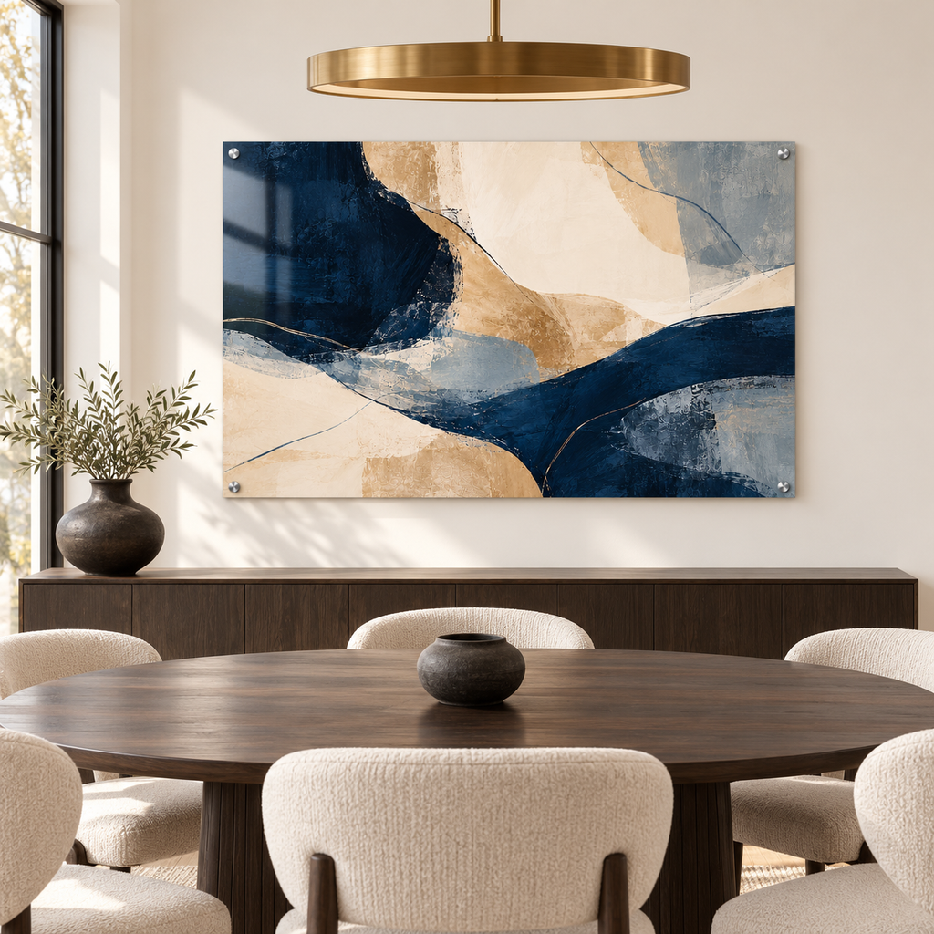 Navy & Sand abstract acrylic artwork in a luxury dining room