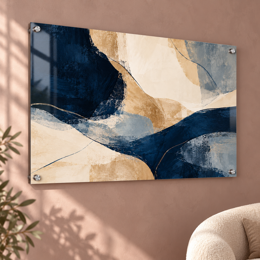Navy & Sand abstract acrylic panel on a mauve wall