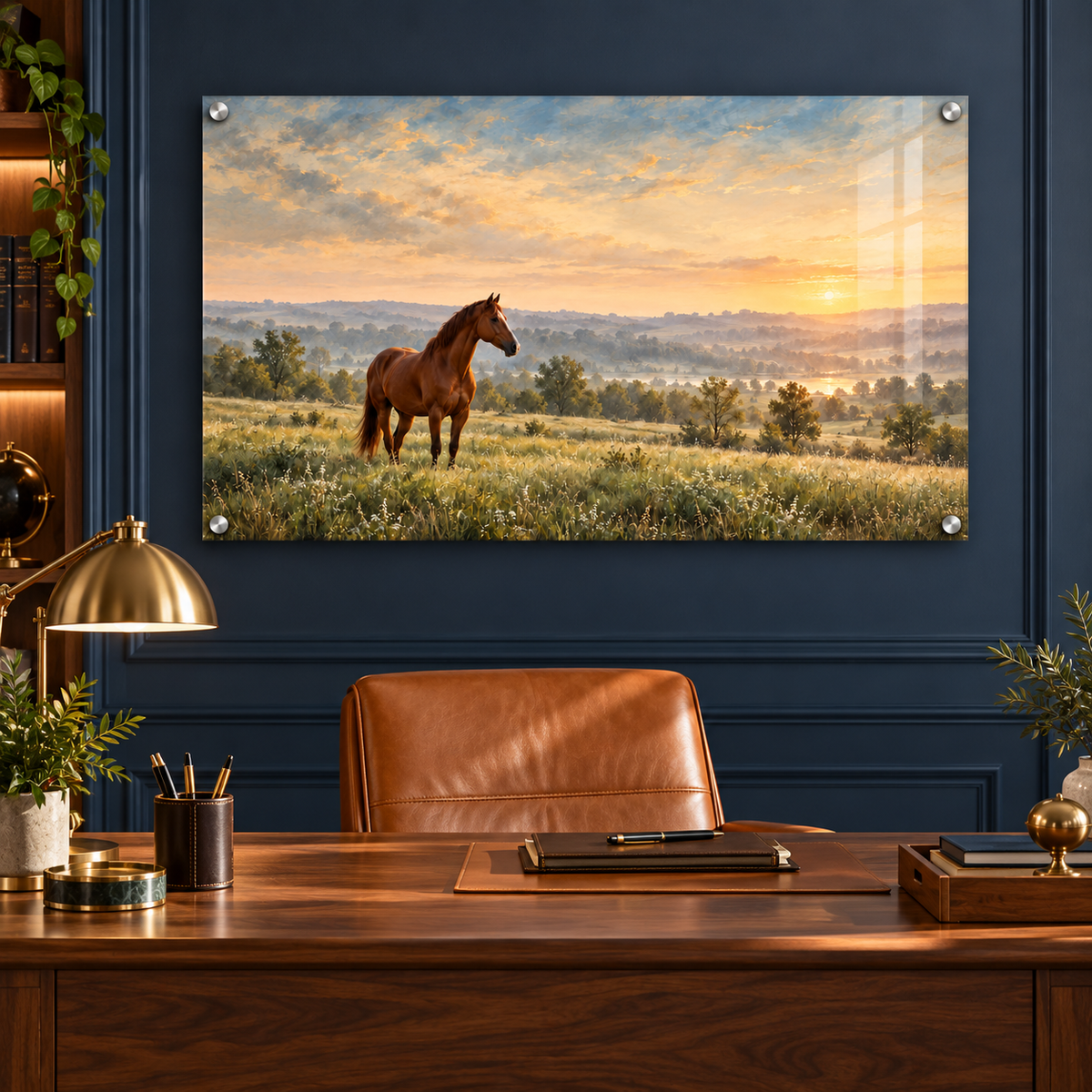 Quiet Meadow horse acrylic wall art in a navy study