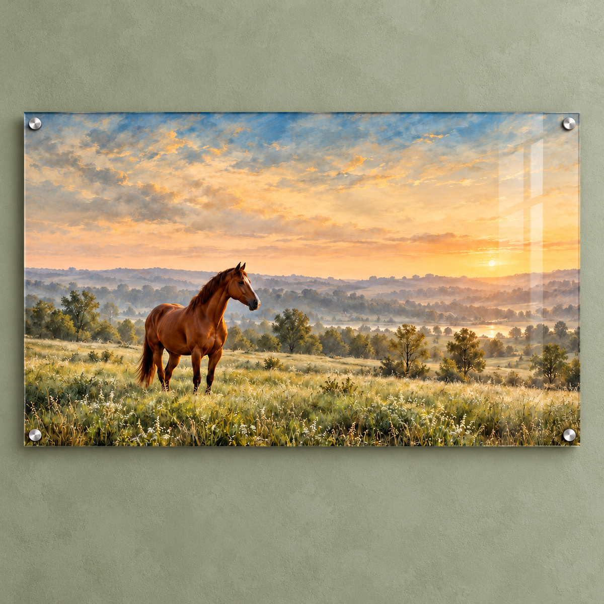 Quiet Meadow chestnut horse acrylic wall art, front view