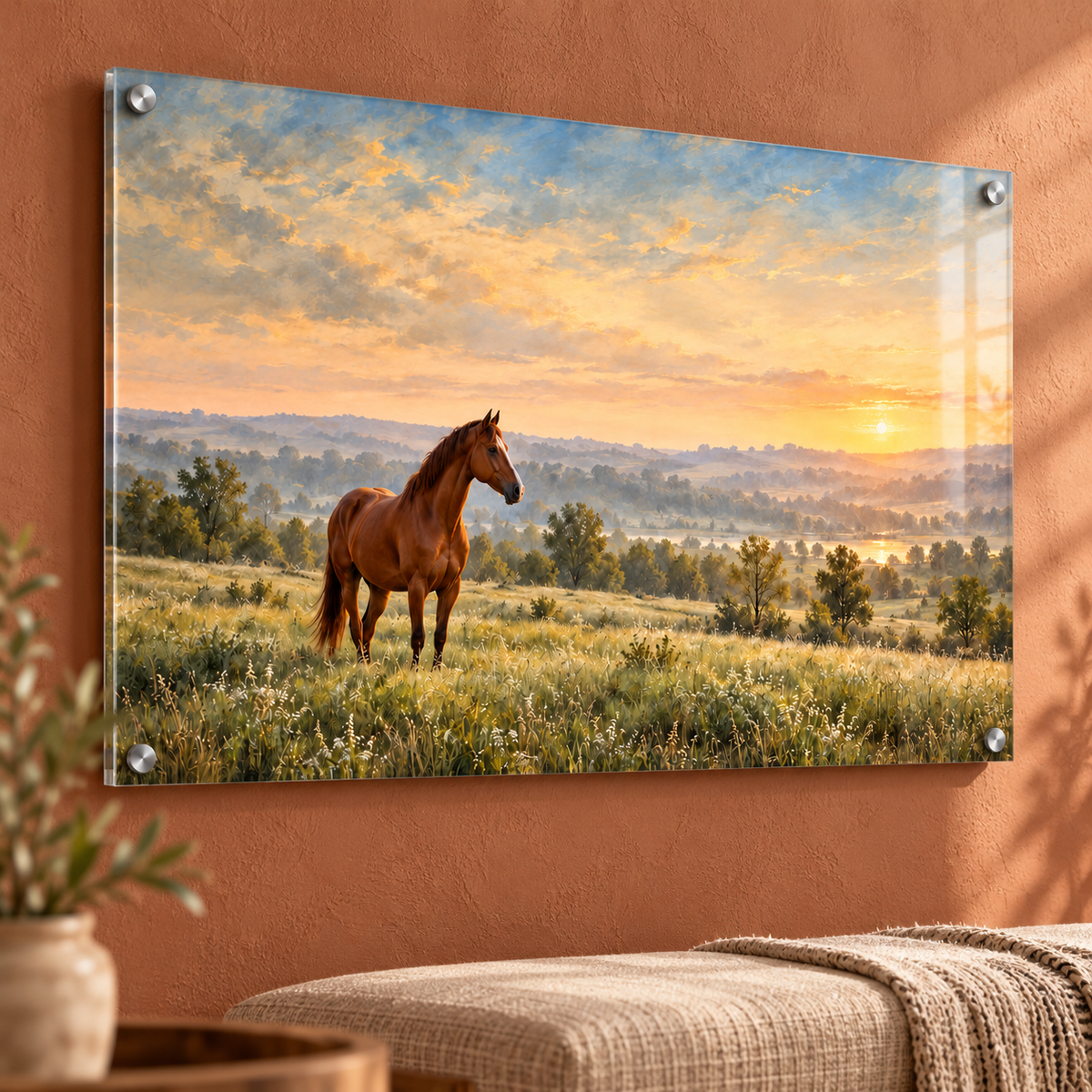 Quiet Meadow horse at sunrise acrylic wall panel