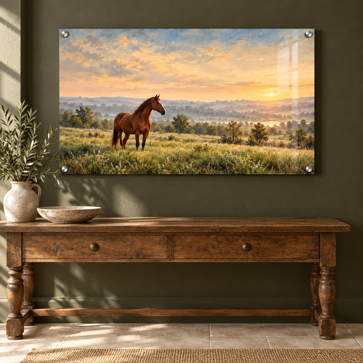 Quiet Meadow chestnut horse acrylic wall art in a rustic entryway