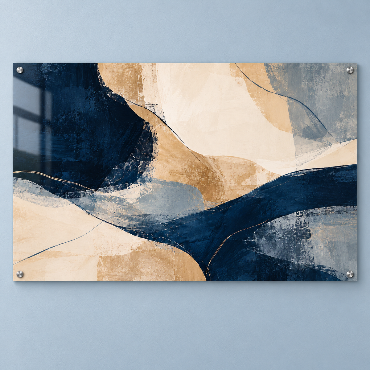 Navy & Sand glossy abstract acrylic wall panel, front view