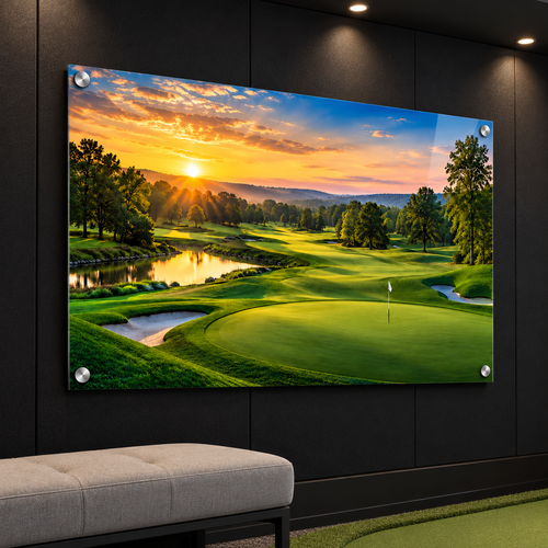 First Light Fairway golf course acrylic wall art in a sleek lounge