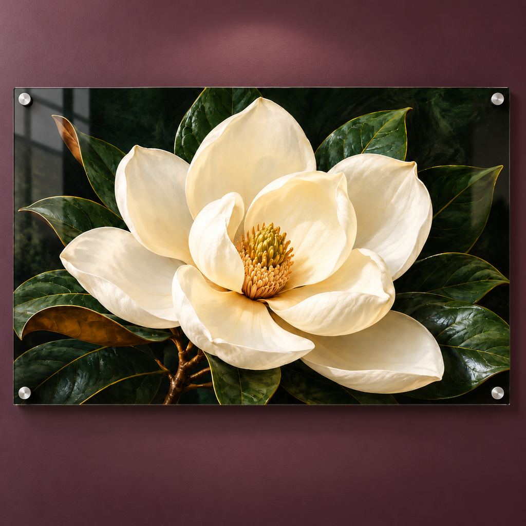 Magnolia After Dark floral acrylic panel on an aubergine wall