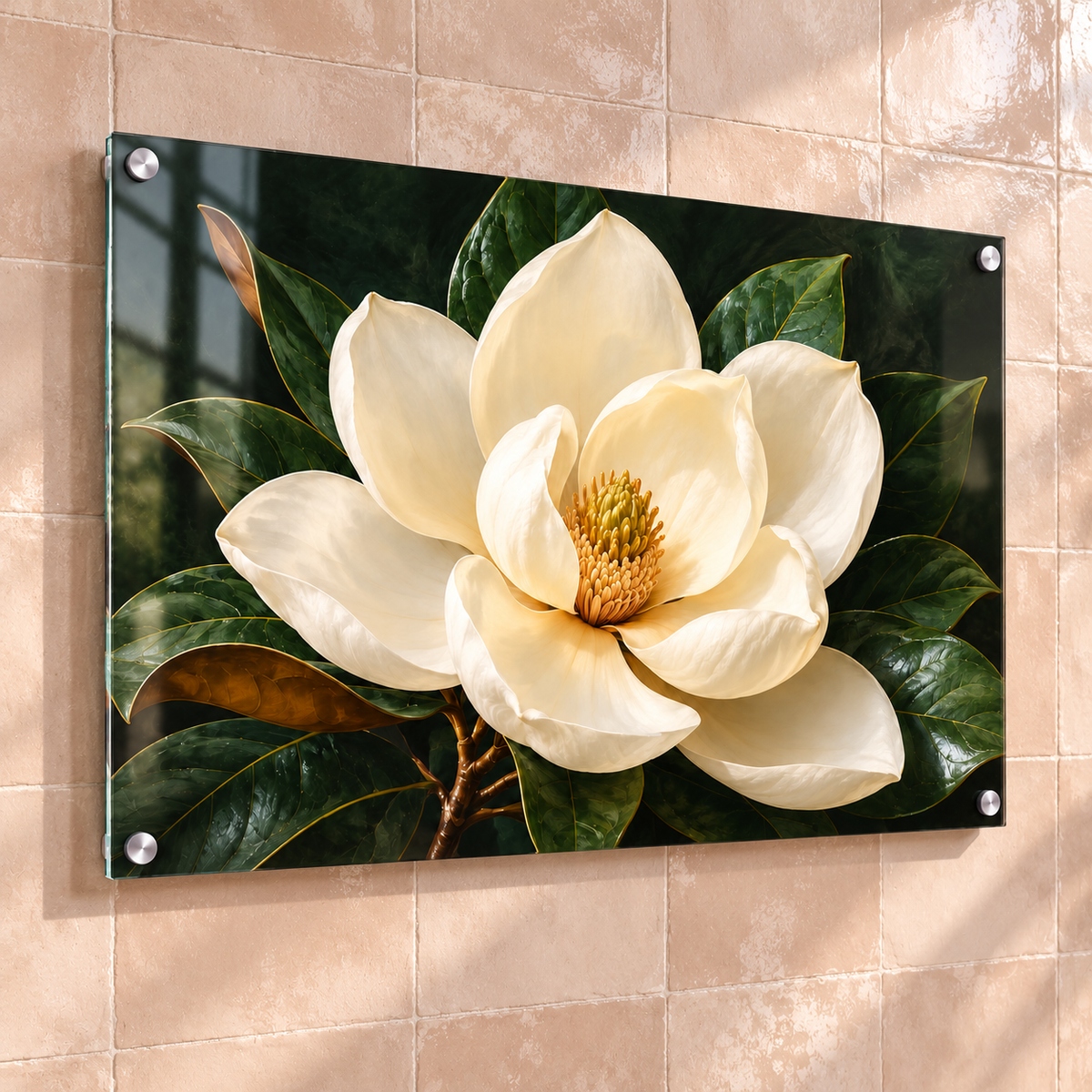 Magnolia After Dark acrylic panel on zellige tile