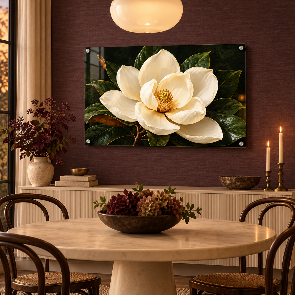 Magnolia After Dark acrylic panel in a plum dining nook
