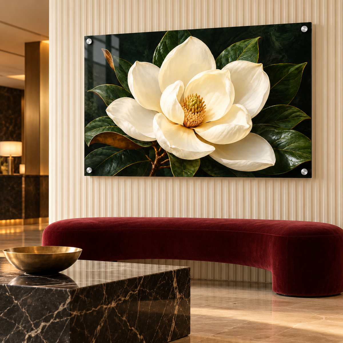 Magnolia After Dark floral acrylic panel in a boutique hotel lobby