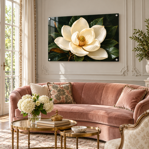 Magnolia After Dark floral acrylic panel in an elegant New Orleans room