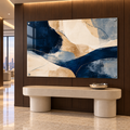 Navy & Sand modern abstract acrylic wall art in an entryway