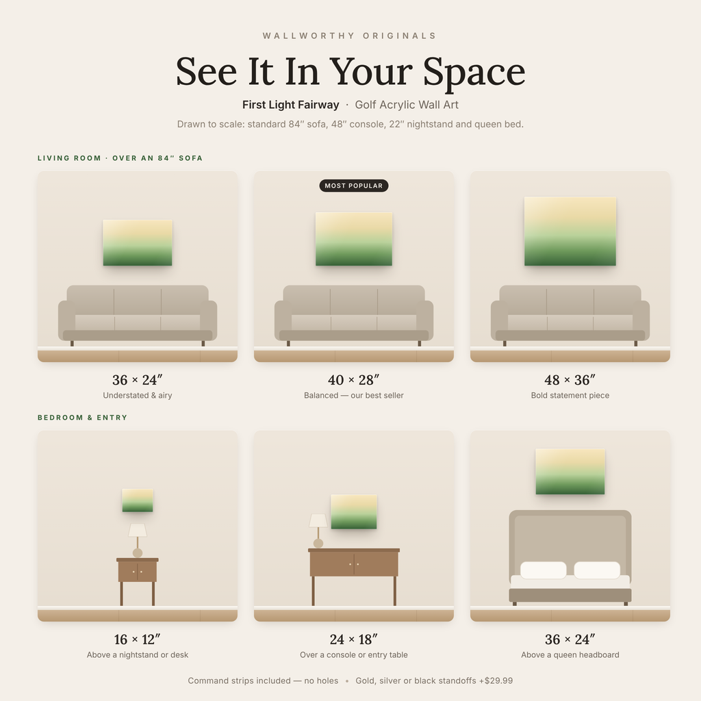 First Light Fairway size guide: every acrylic size shown to scale over a sofa, console, nightstand and bed