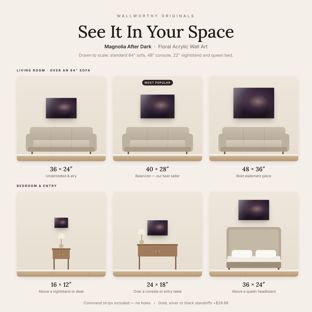 Magnolia After Dark size guide: every acrylic size shown to scale over a sofa, console, nightstand and bed