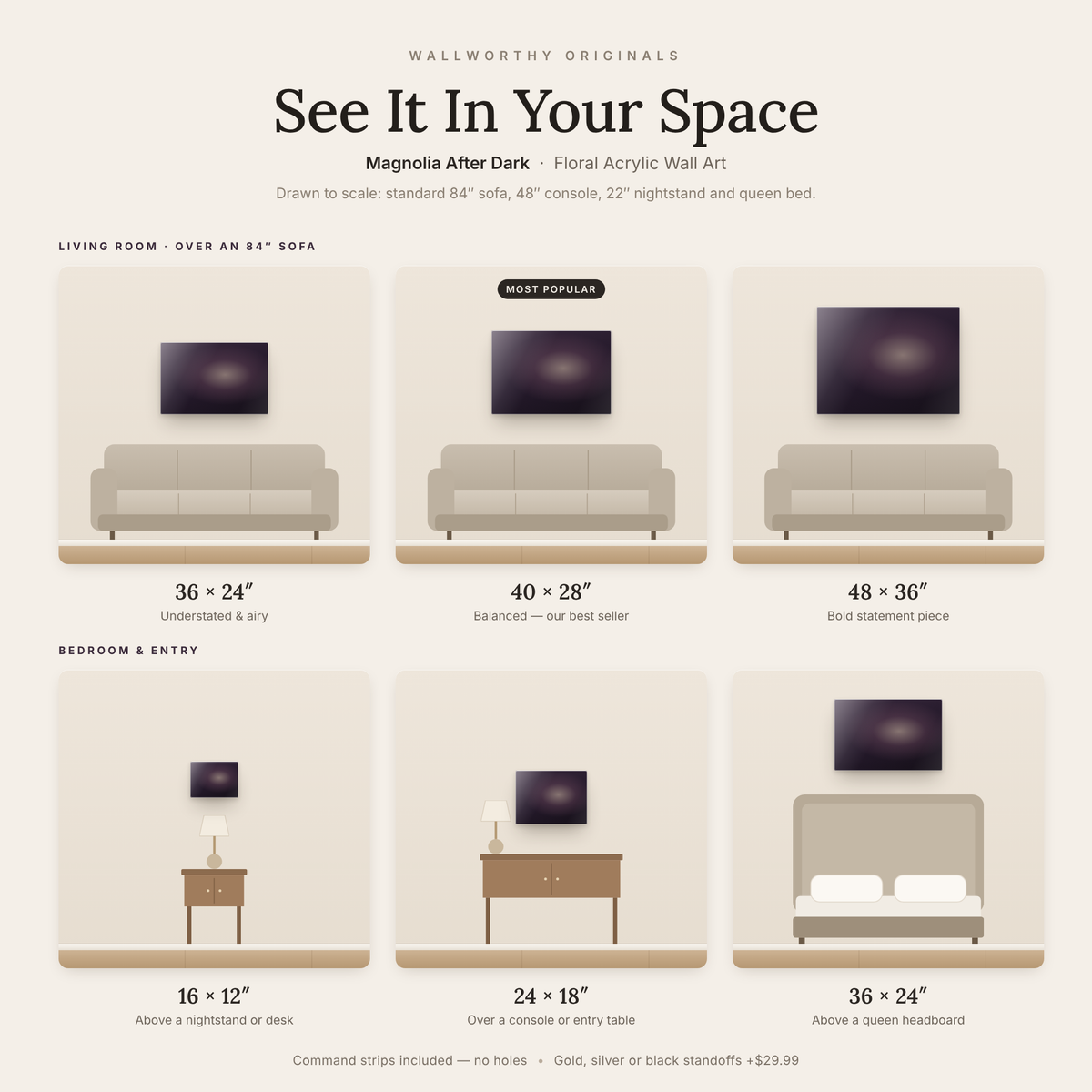 Magnolia After Dark size guide: every acrylic size shown to scale over a sofa, console, nightstand and bed