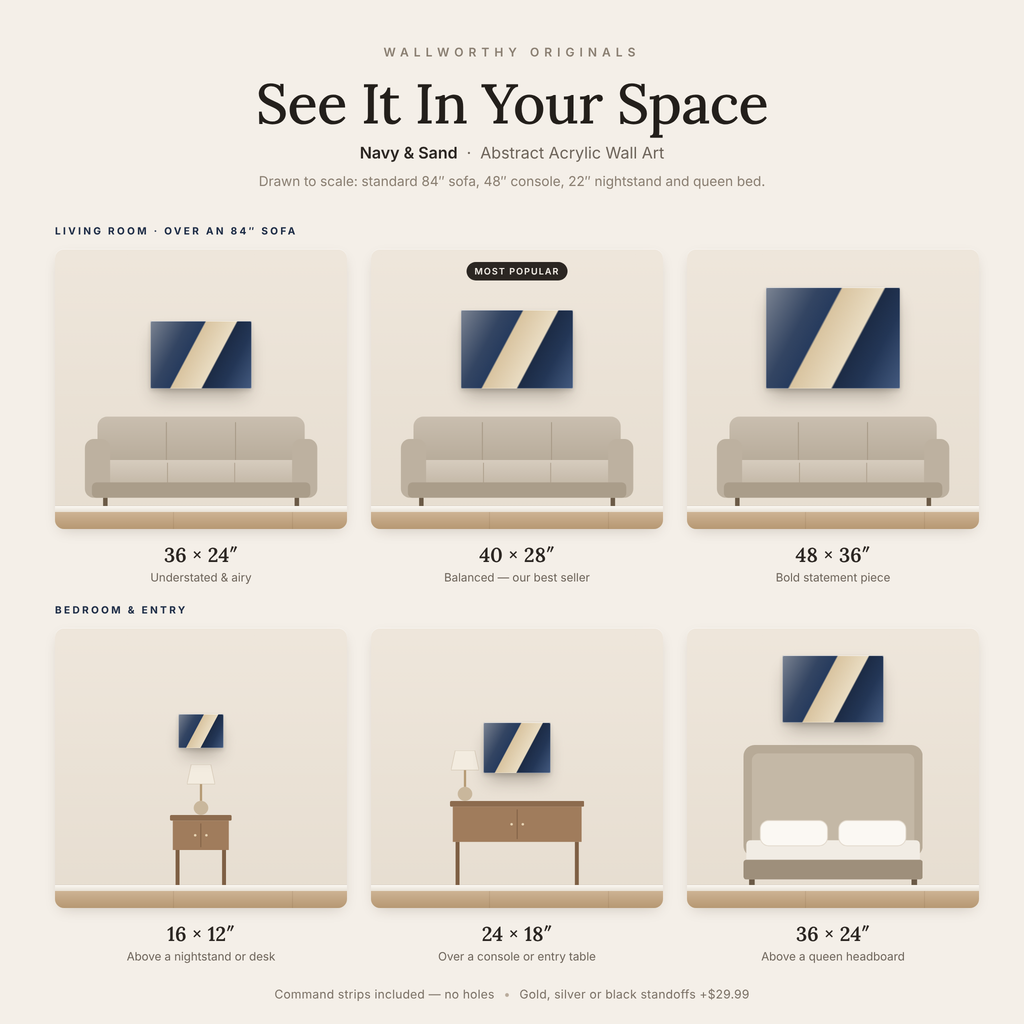 Navy & Sand size guide: every acrylic size shown to scale over a sofa, console, nightstand and bed