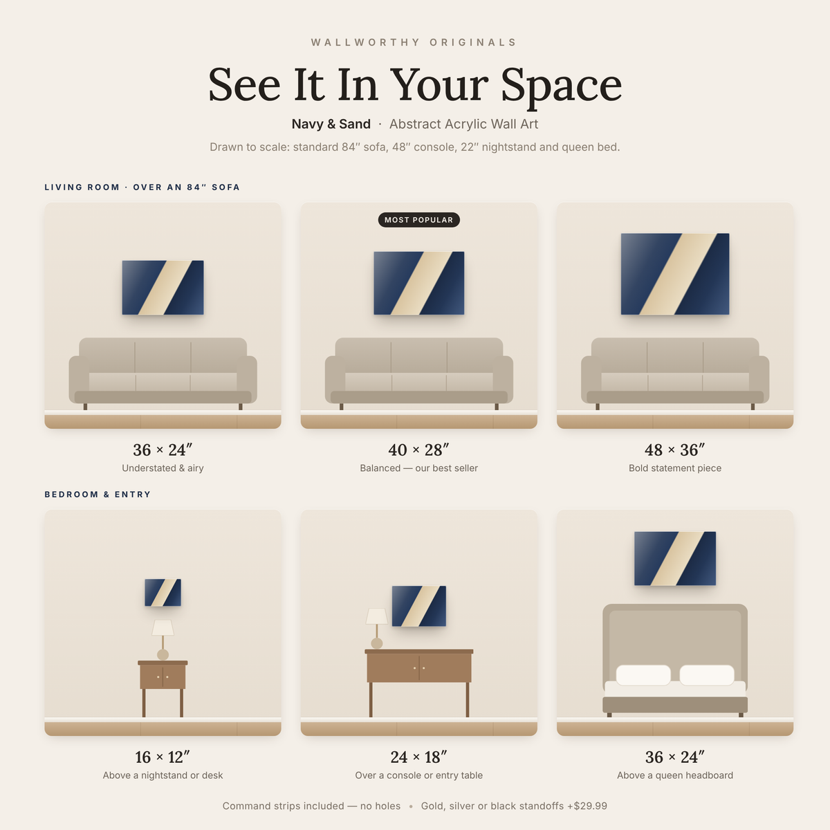 Navy & Sand size guide: every acrylic size shown to scale over a sofa, console, nightstand and bed