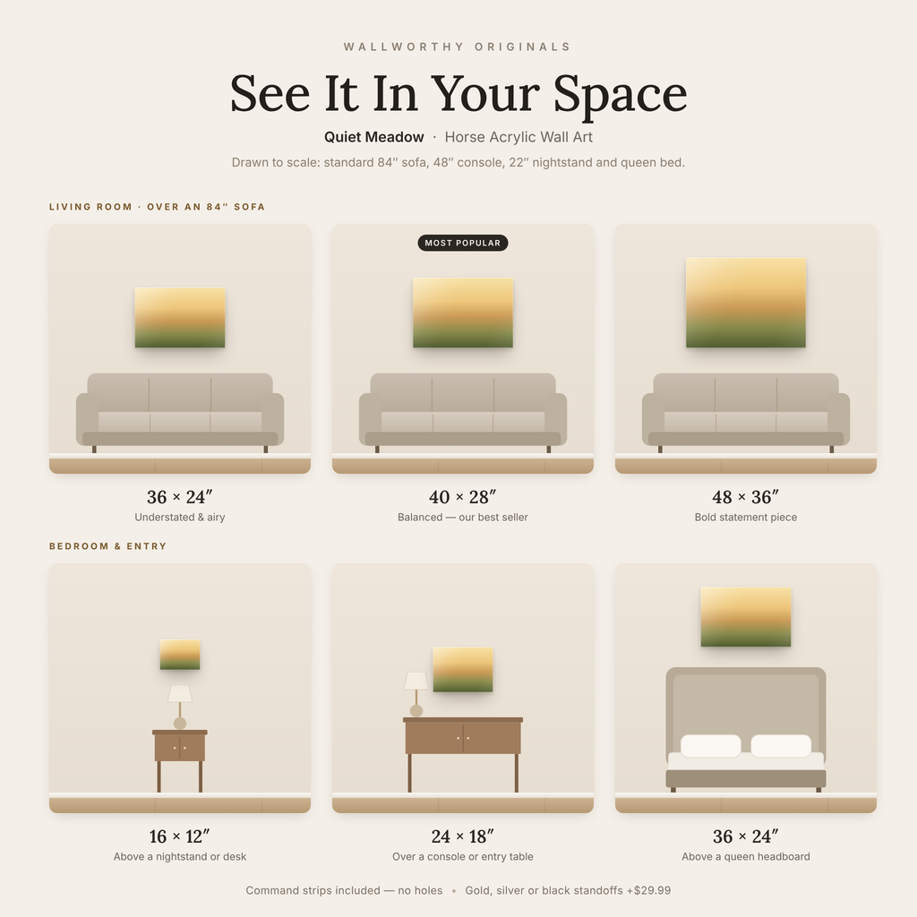 Quiet Meadow size guide: every acrylic size shown to scale over a sofa, console, nightstand and bed