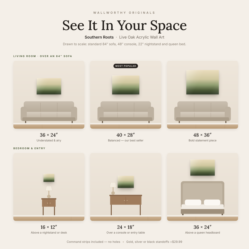 Southern Roots size guide: every acrylic size shown to scale over a sofa, console, nightstand and bed