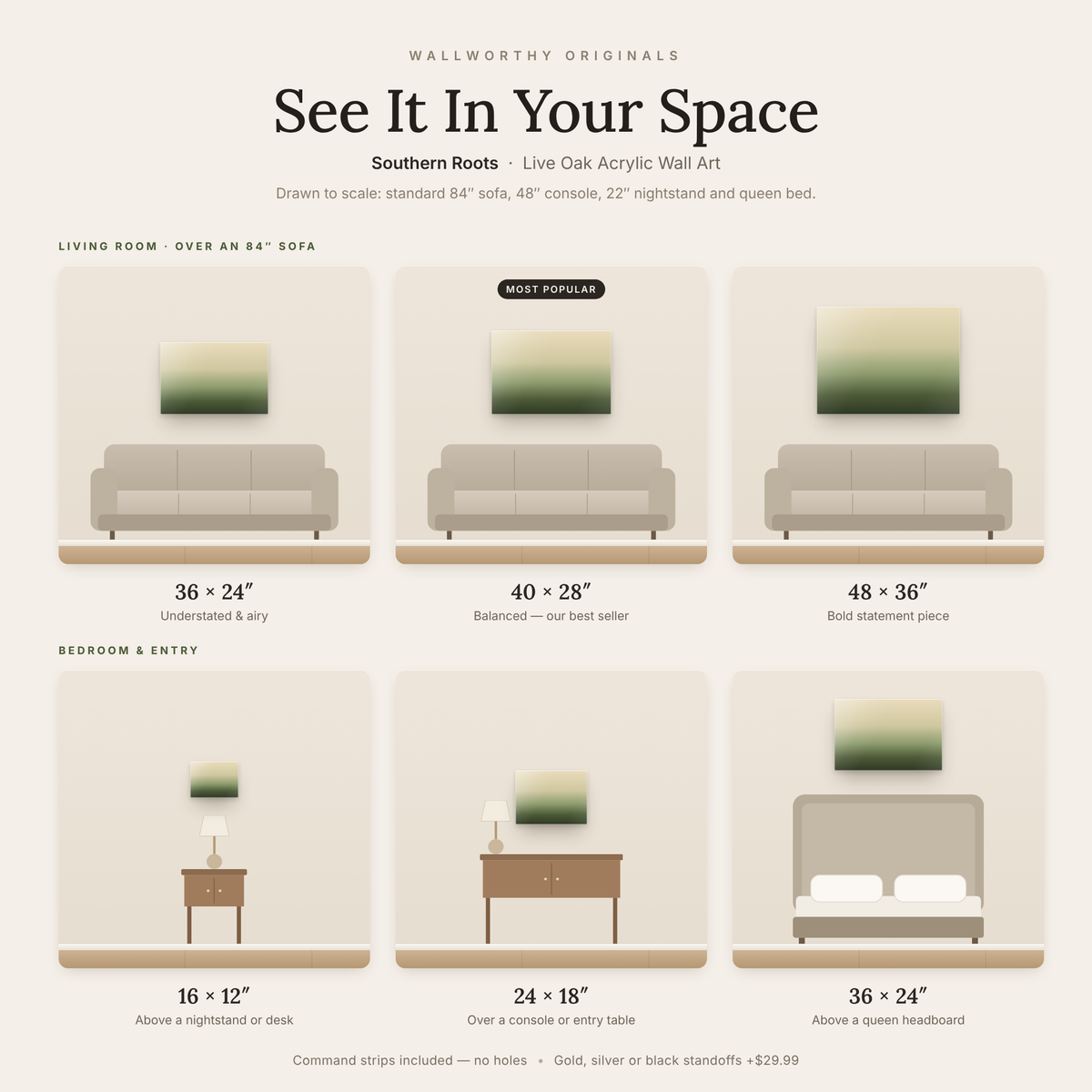 Southern Roots size guide: every acrylic size shown to scale over a sofa, console, nightstand and bed